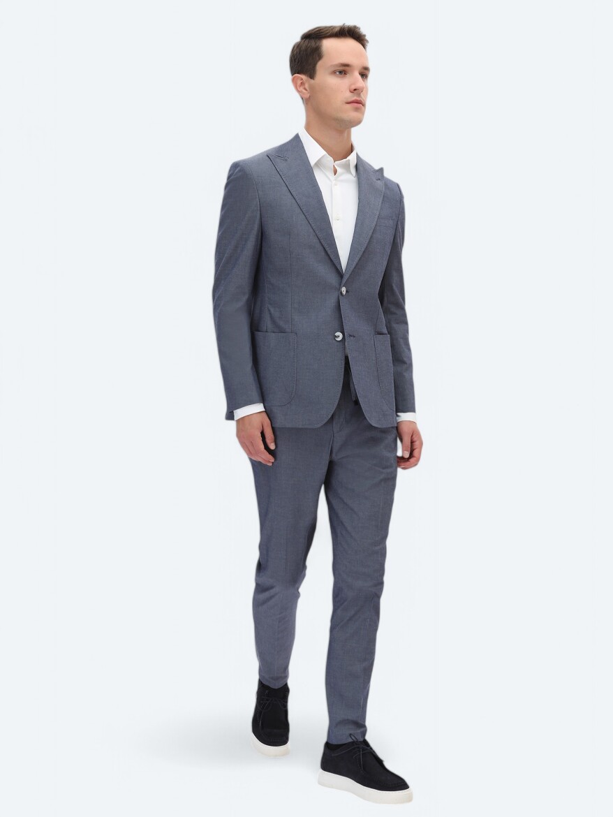 İndigo Düz Modern Fit Pamuk Karışımlı Takım Elbise - 4