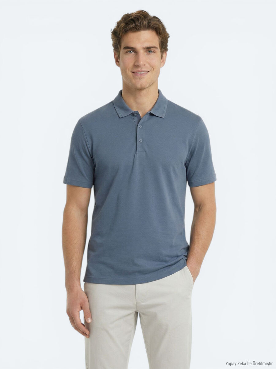 İndigo Düz Polo Yaka T-Shirt - 1