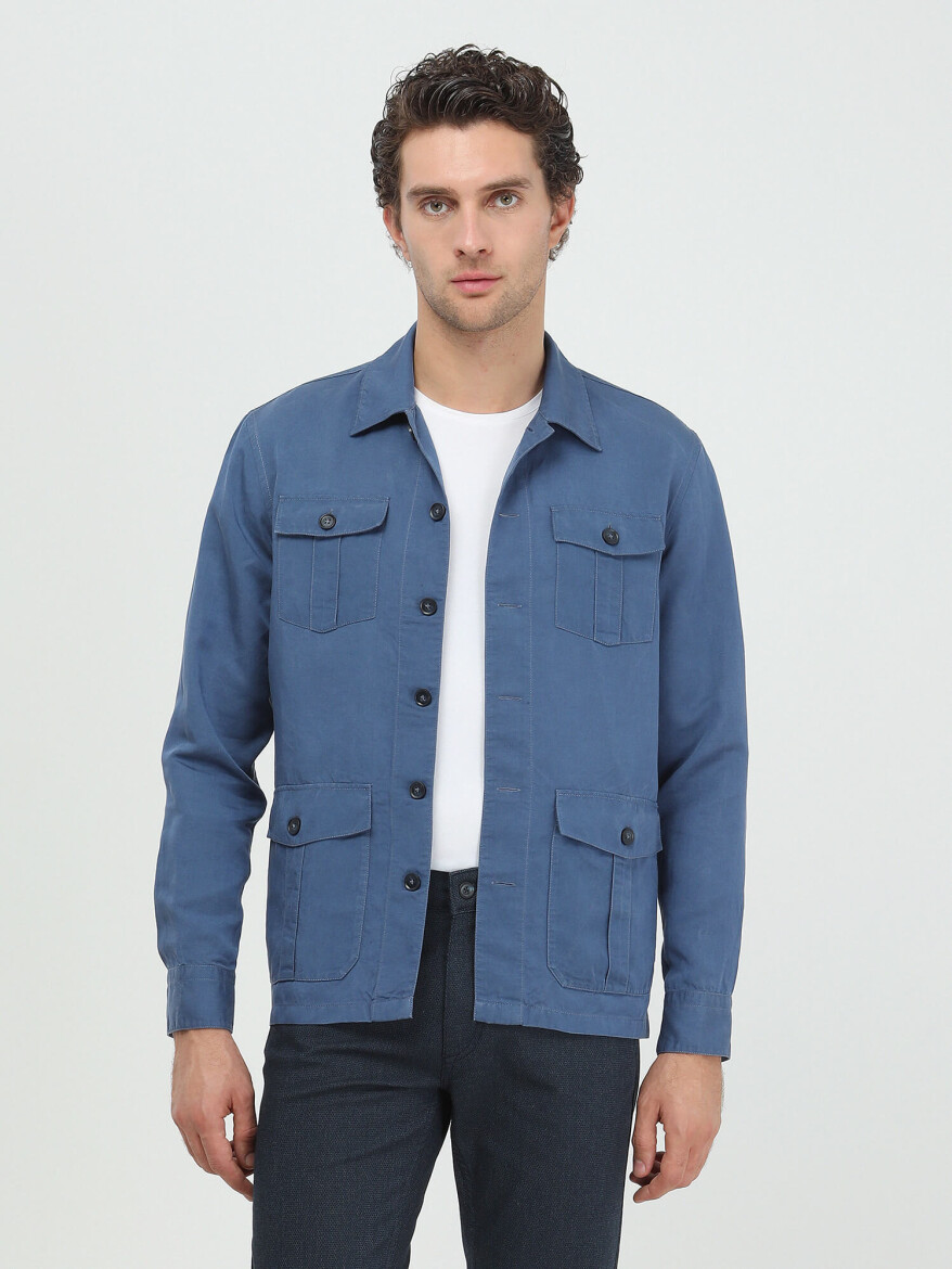 İndigo Düz Regular Fit Dokuma Keten Karışımlı Overshırt - 1