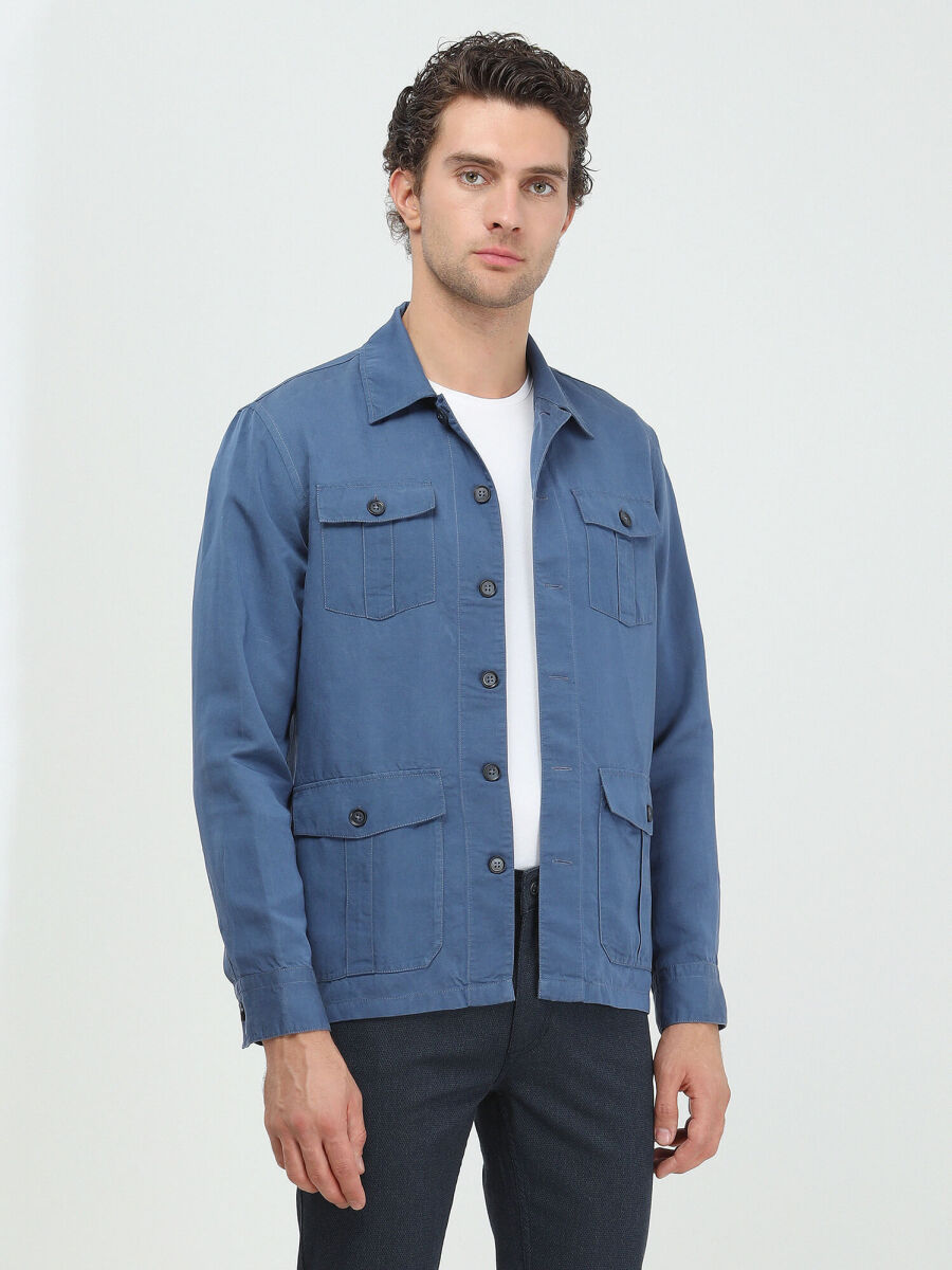 İndigo Düz Regular Fit Dokuma Keten Karışımlı Overshırt - 2