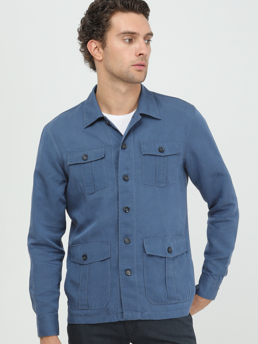 İndigo Düz Regular Fit Dokuma Keten Karışımlı Overshırt - 3
