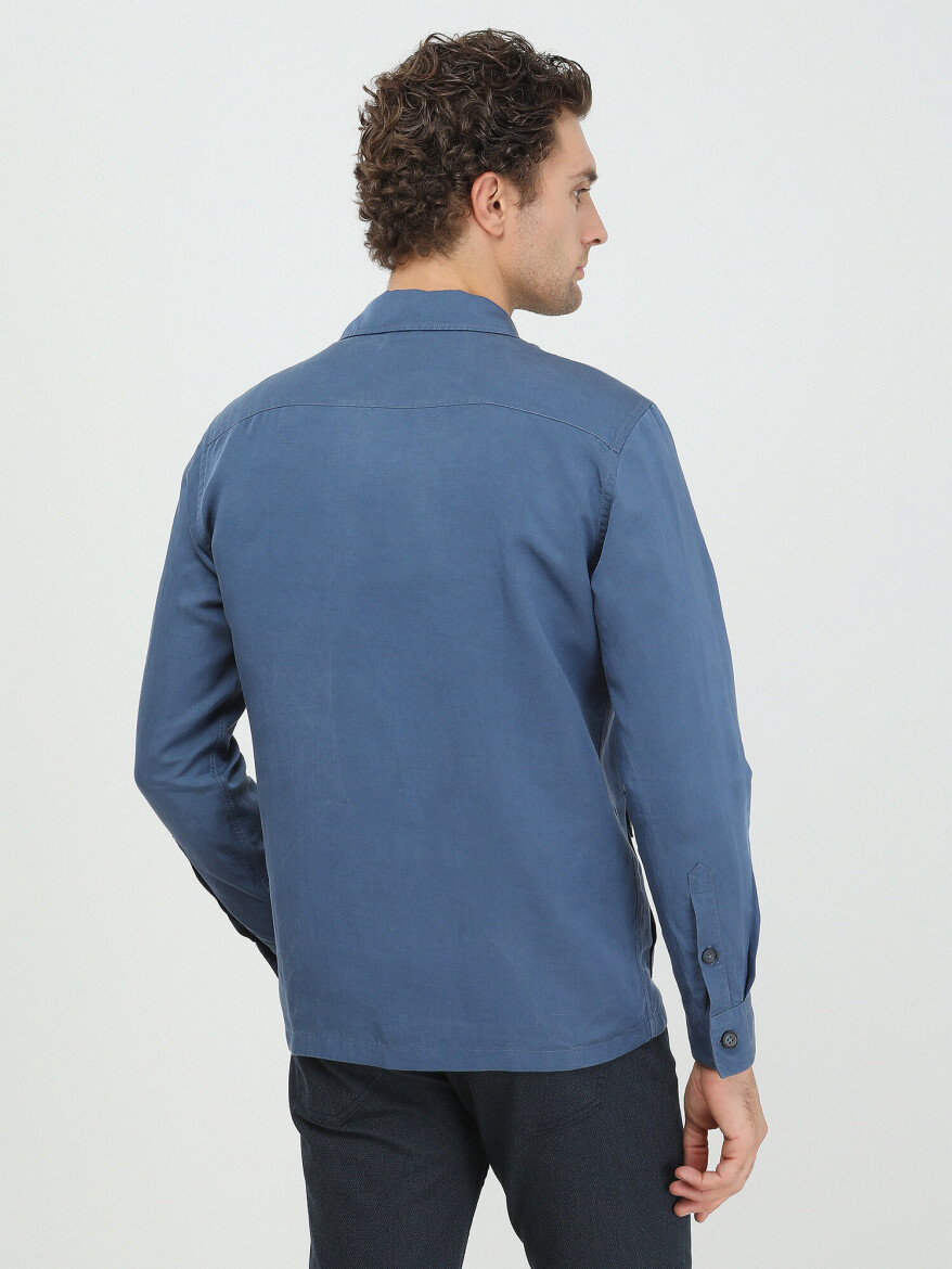 İndigo Düz Regular Fit Dokuma Keten Karışımlı Overshırt - 5