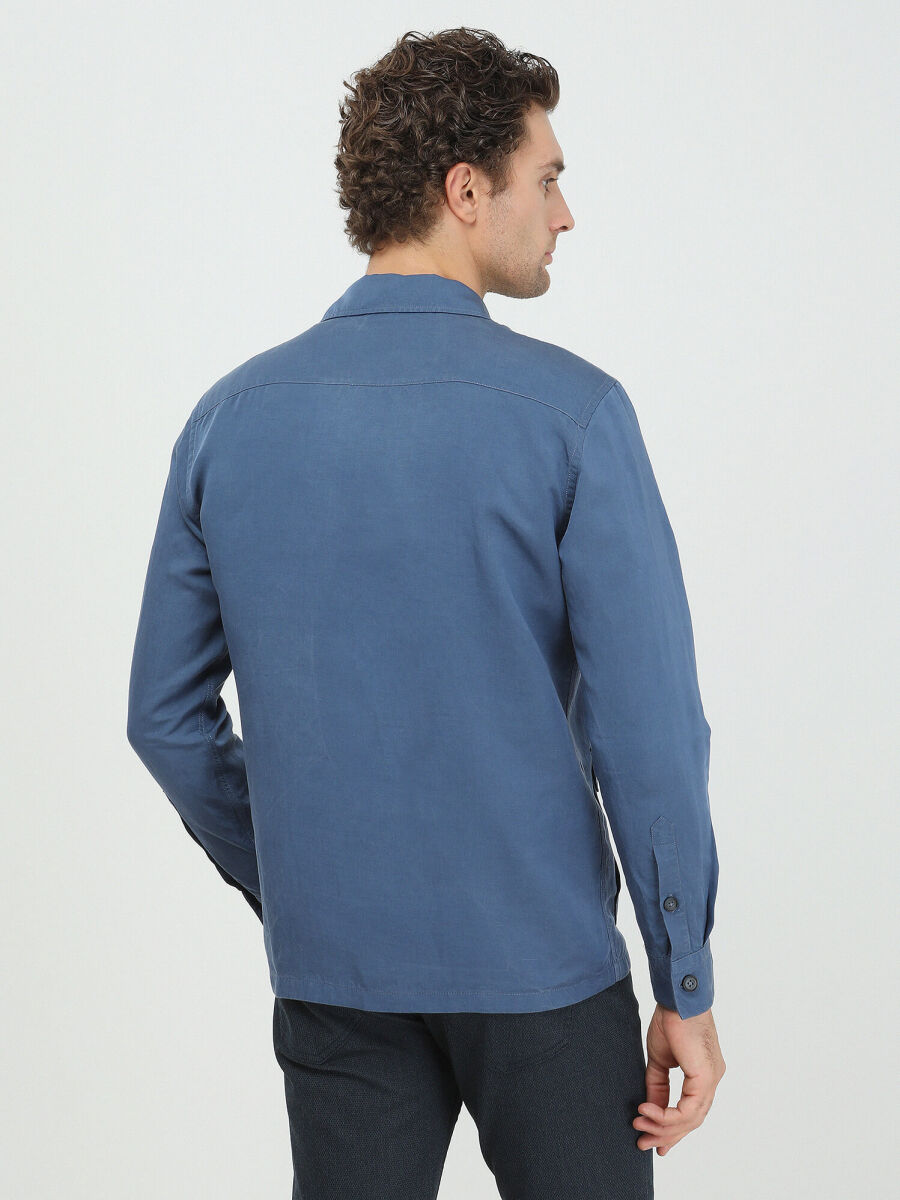 İndigo Düz Regular Fit Dokuma Keten Karışımlı Overshırt - 5