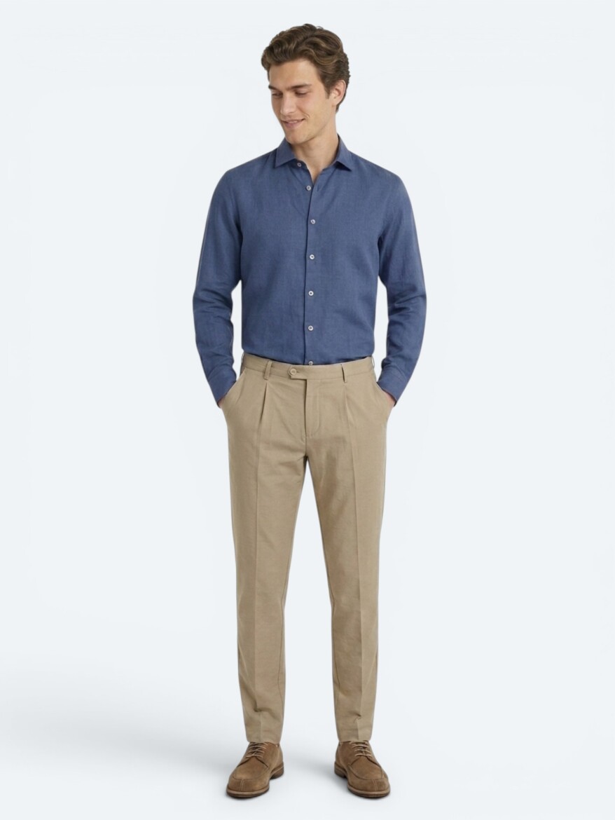 İndigo Düz Regular Fit Uzun Dokuma Casual Pamuk Karışımlı Gömlek - 2