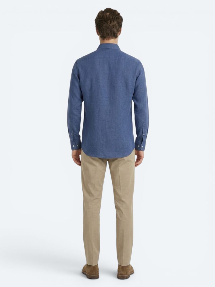İndigo Düz Regular Fit Uzun Dokuma Casual Pamuk Karışımlı Gömlek - 5