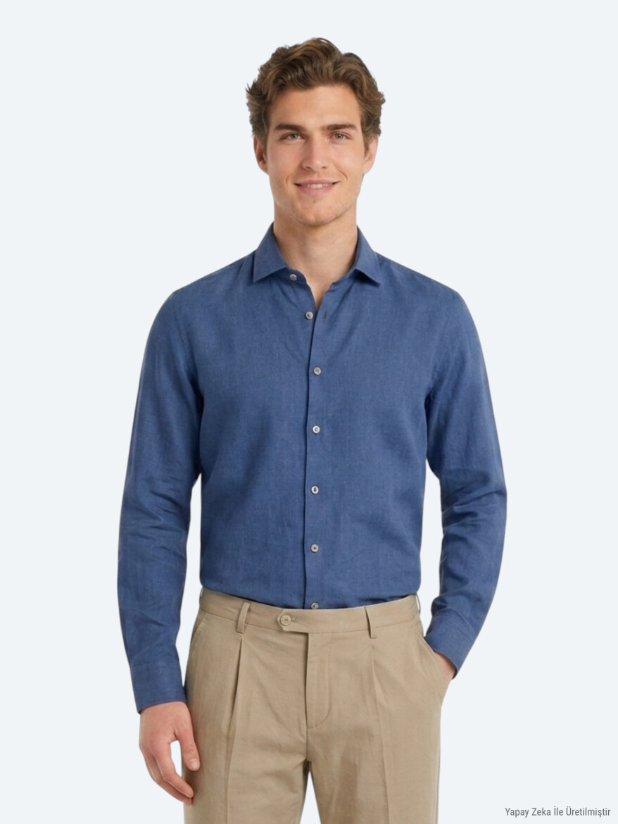 İndigo Düz Regular Fit Uzun Dokuma Casual Pamuk Karışımlı Gömlek 