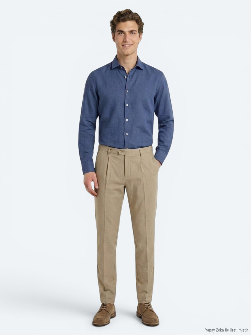 İndigo Düz Regular Fit Uzun Dokuma Casual Pamuk Karışımlı Gömlek - 4