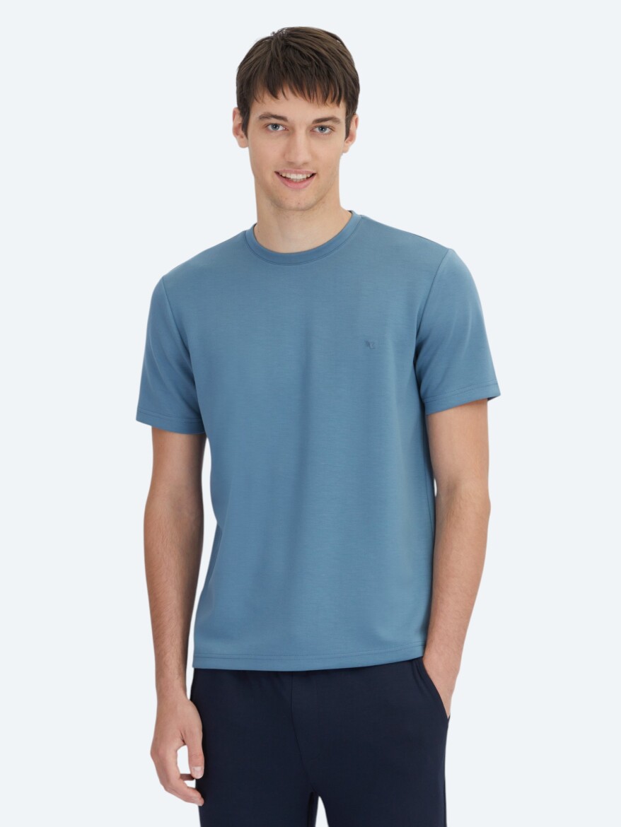 İndigo Düz Bisiklet Yaka T-Shirt 