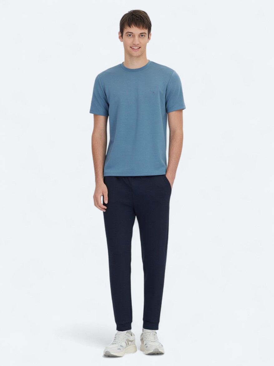 İndigo Düz Bisiklet Yaka T-Shirt - 2