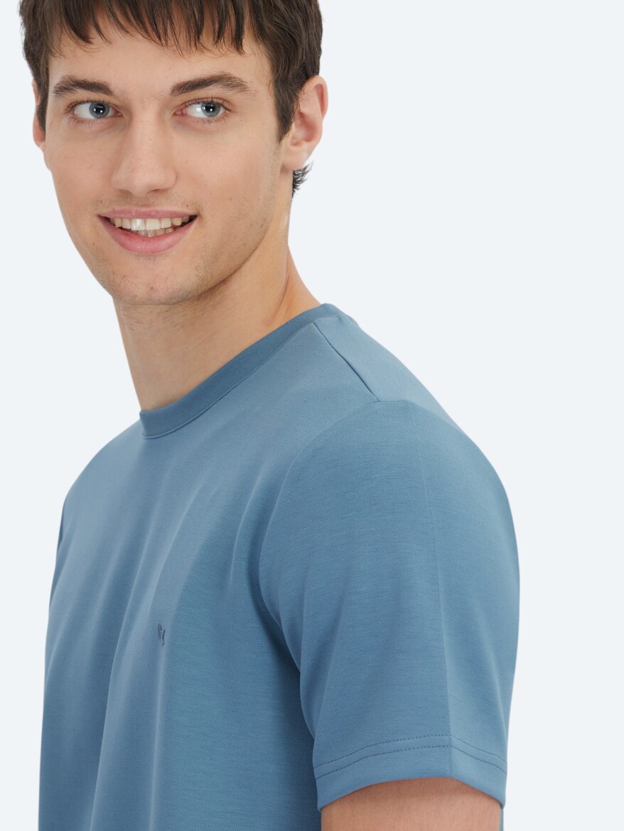 İndigo Düz Bisiklet Yaka T-Shirt - 4