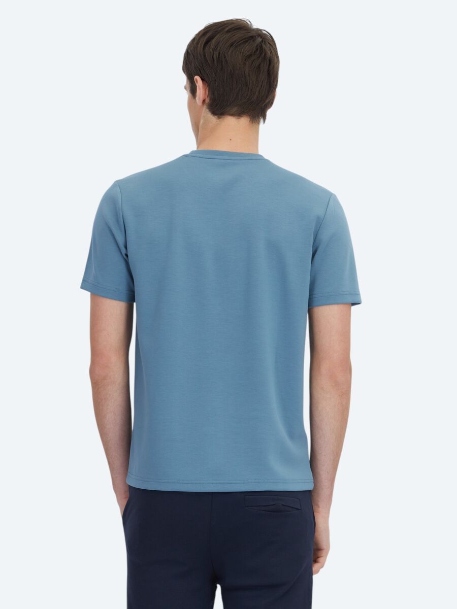 İndigo Düz Bisiklet Yaka T-Shirt - 5