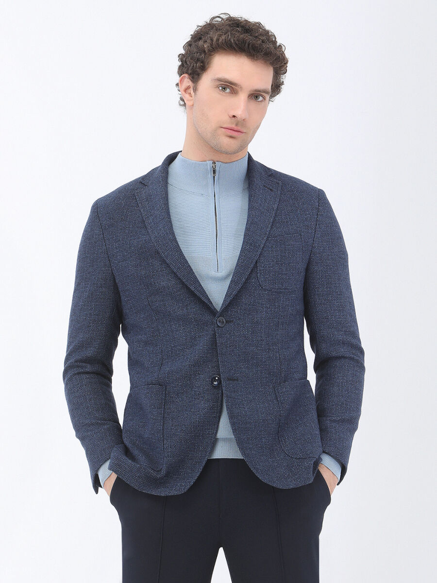 Indigo Micro Modern Fit Wool Blended Jacket - 1