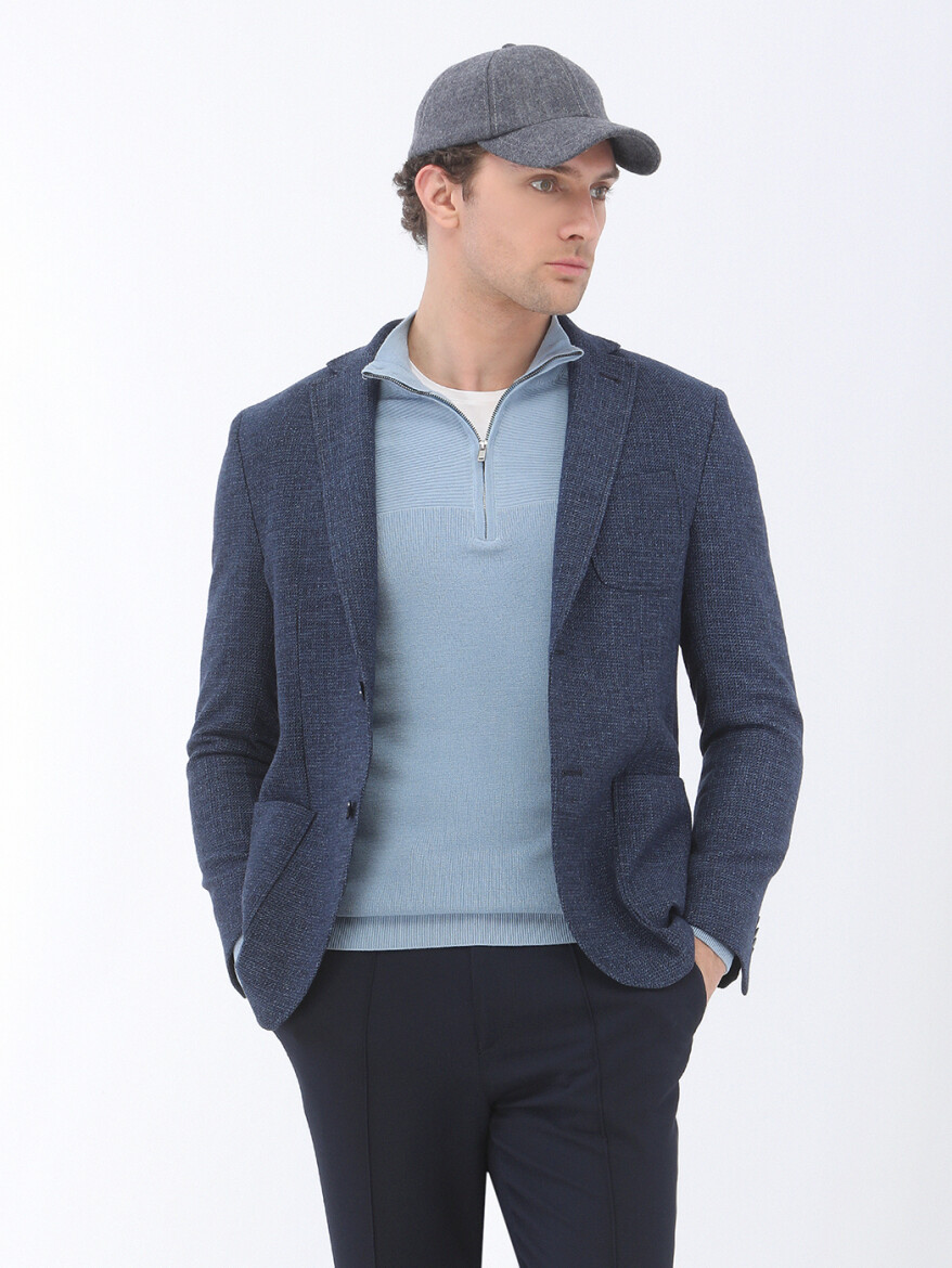 Indigo Micro Modern Fit Wool Blended Jacket - 4
