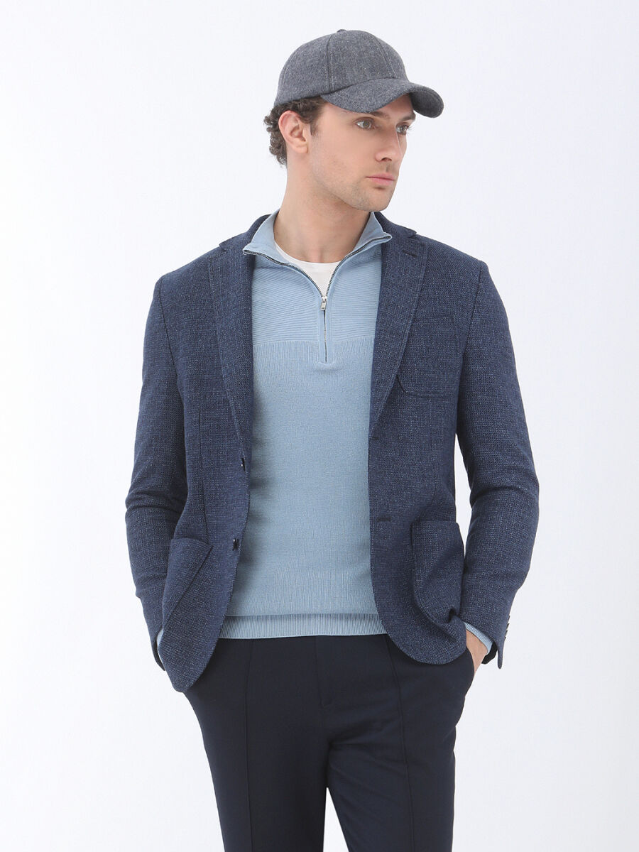 Indigo Micro Modern Fit Wool Blended Jacket - 4