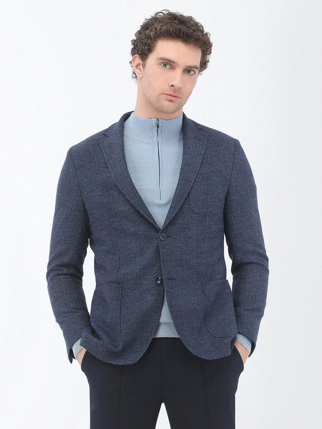 Indigo Micro Modern Fit Wool Blended Jacket - 1