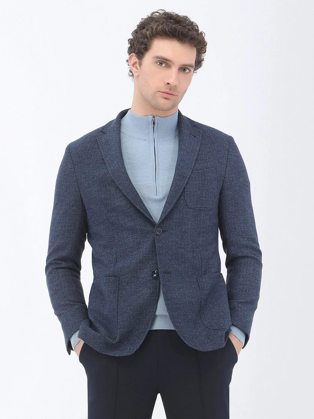 Indigo Micro Modern Fit Wool Blended Jacket - 1