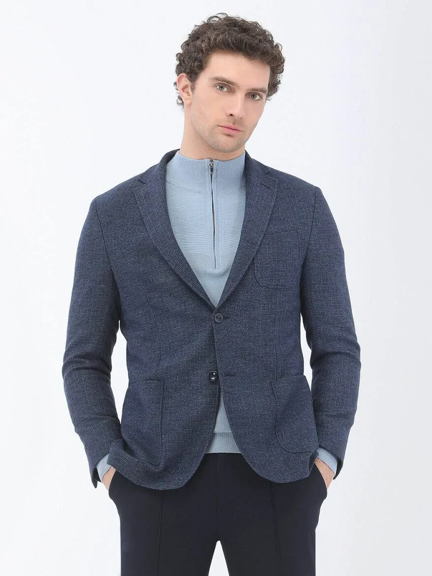 Indigo Micro Regular Fit Wool Blended Jacket - 2