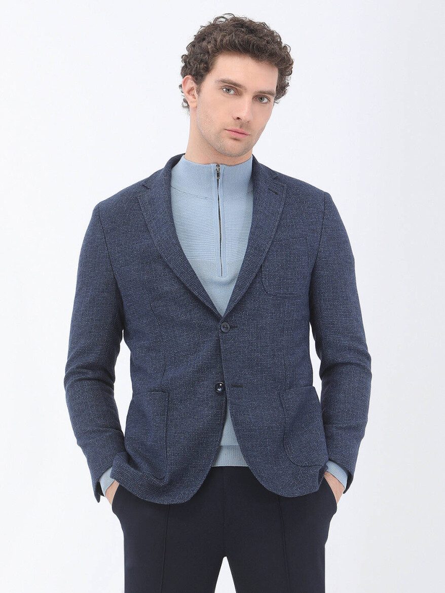 Indigo Micro Regular Fit Wool Blended Jacket - 2