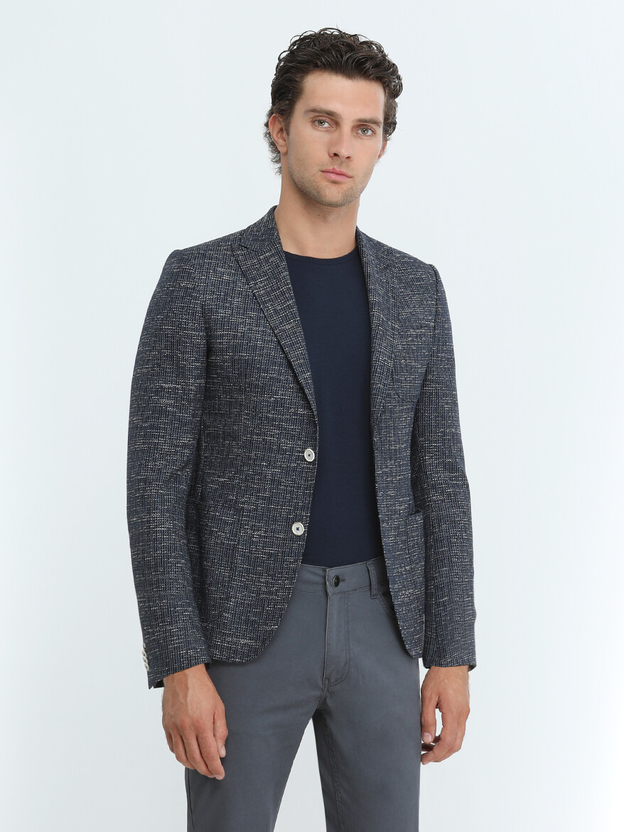 Indigo Patterned Modern Fit Cotton Blended Jacket - 4
