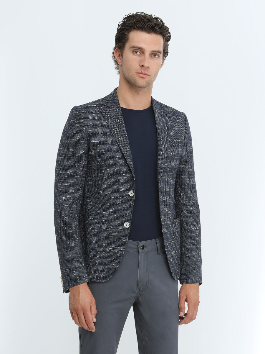 Indigo Patterned Modern Fit Cotton Blended Jacket - 4