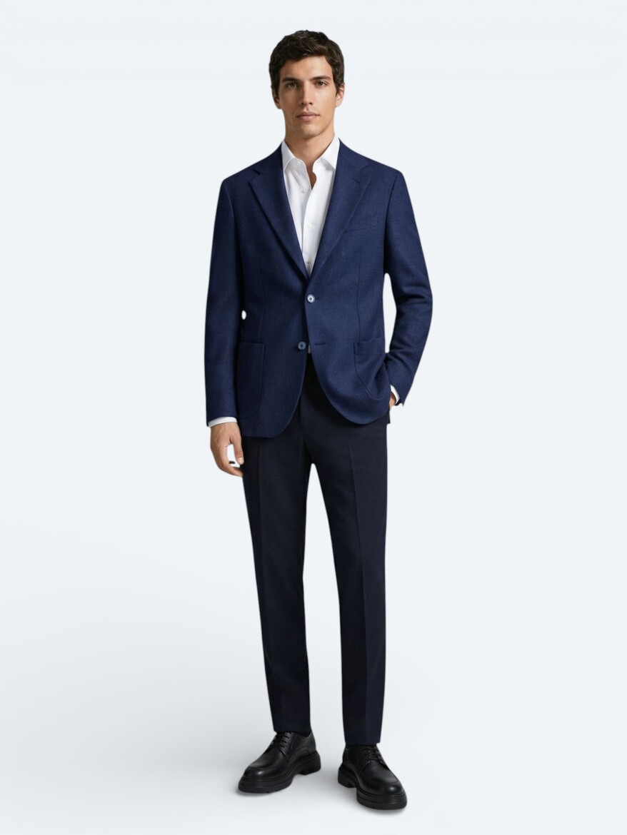 Indigo Patterned Modern Fit Wool Blended Jacket - 3