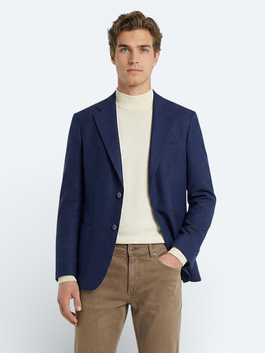 Indigo Patterned Modern Fit Wool Blended Jacket - KİP