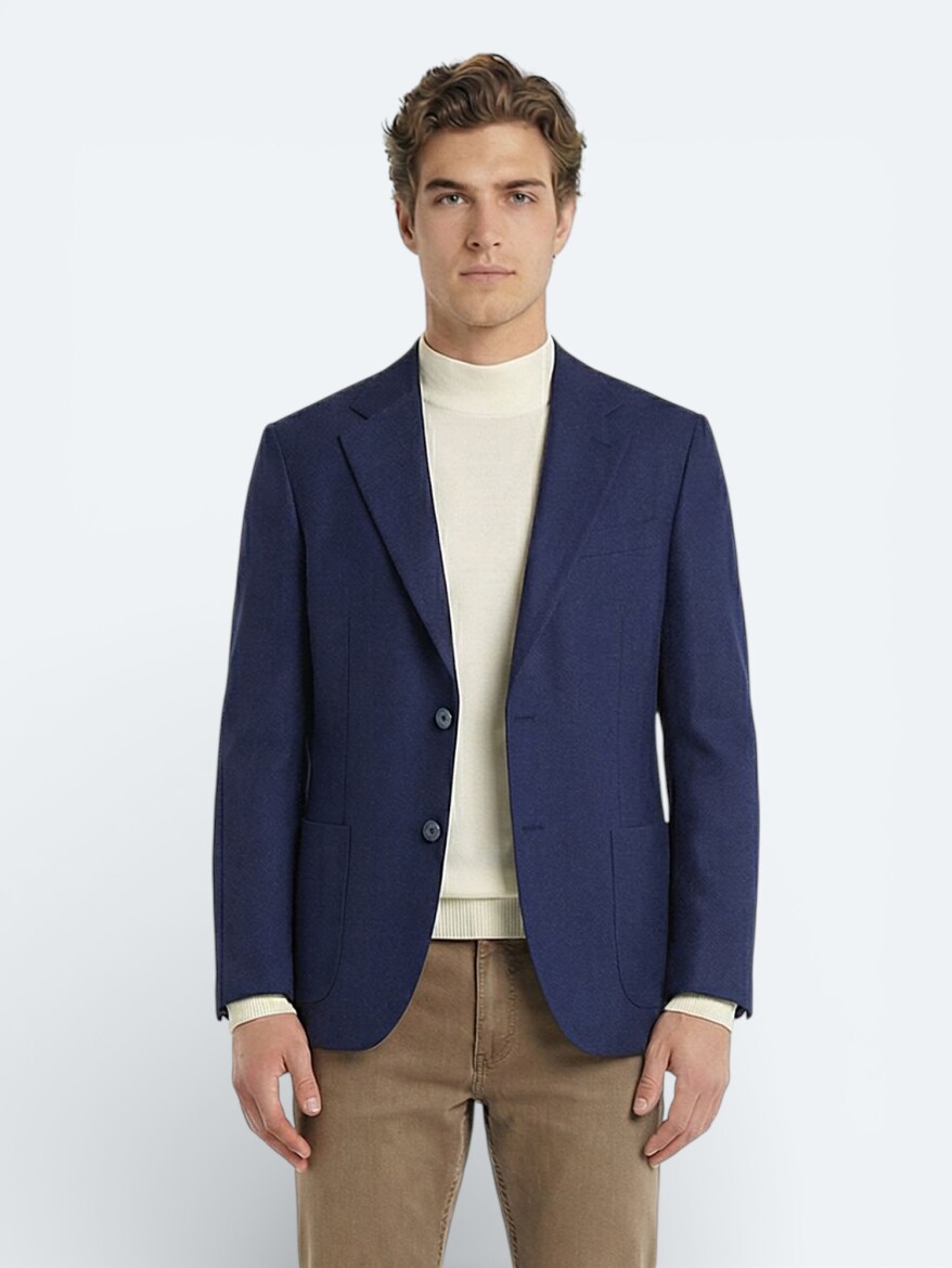 Indigo Patterned Modern Fit Wool Blended Jacket - 3