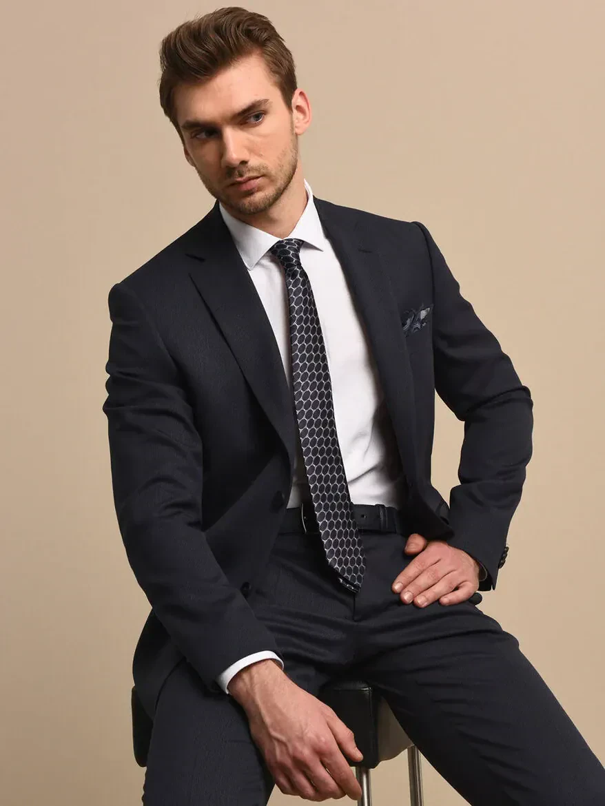 Indigo Patterned Modern Fit Wool Blended Suit - 1