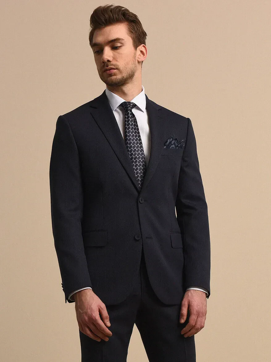 Indigo Patterned Modern Fit Wool Blended Suit - 2