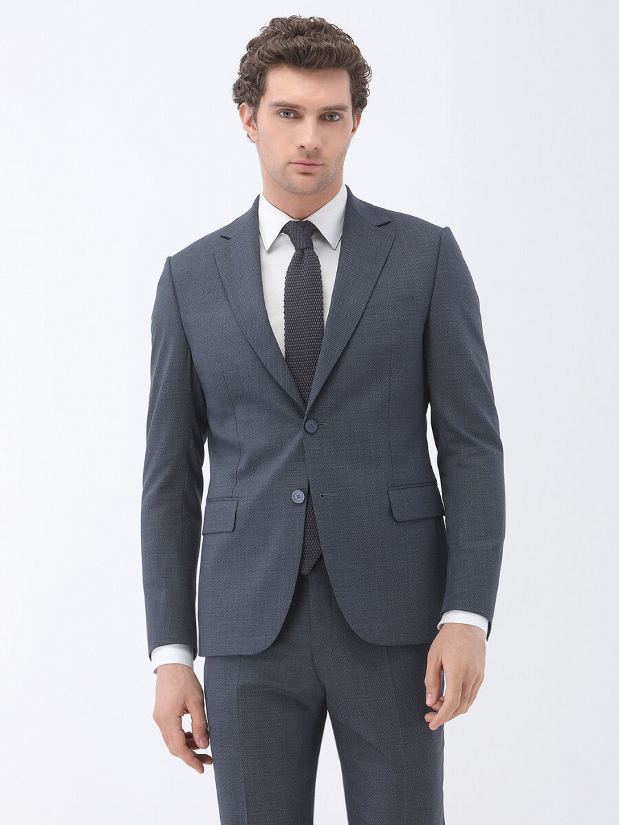 Indigo Patterned Modern Fit Wool Blended Suit - 1