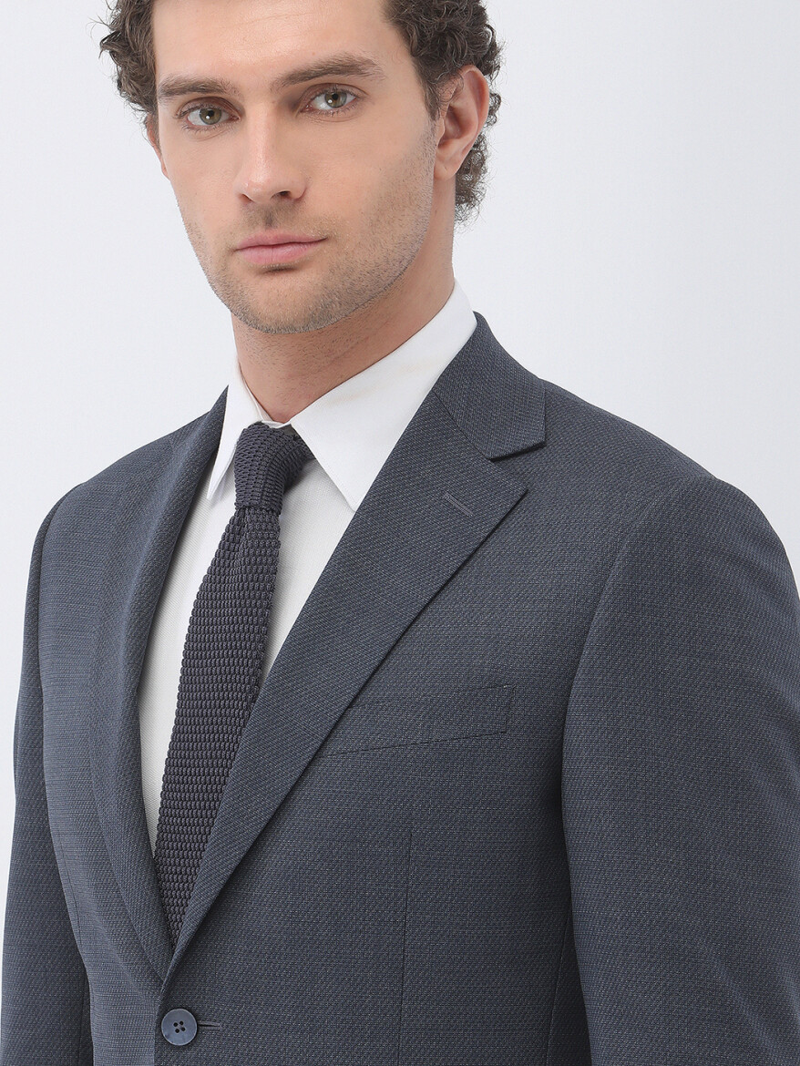 Indigo Patterned Modern Fit Wool Blended Suit - 3