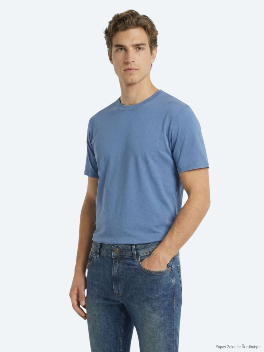 Indigo Plain 100% Cotton T-Shirt - KİP
