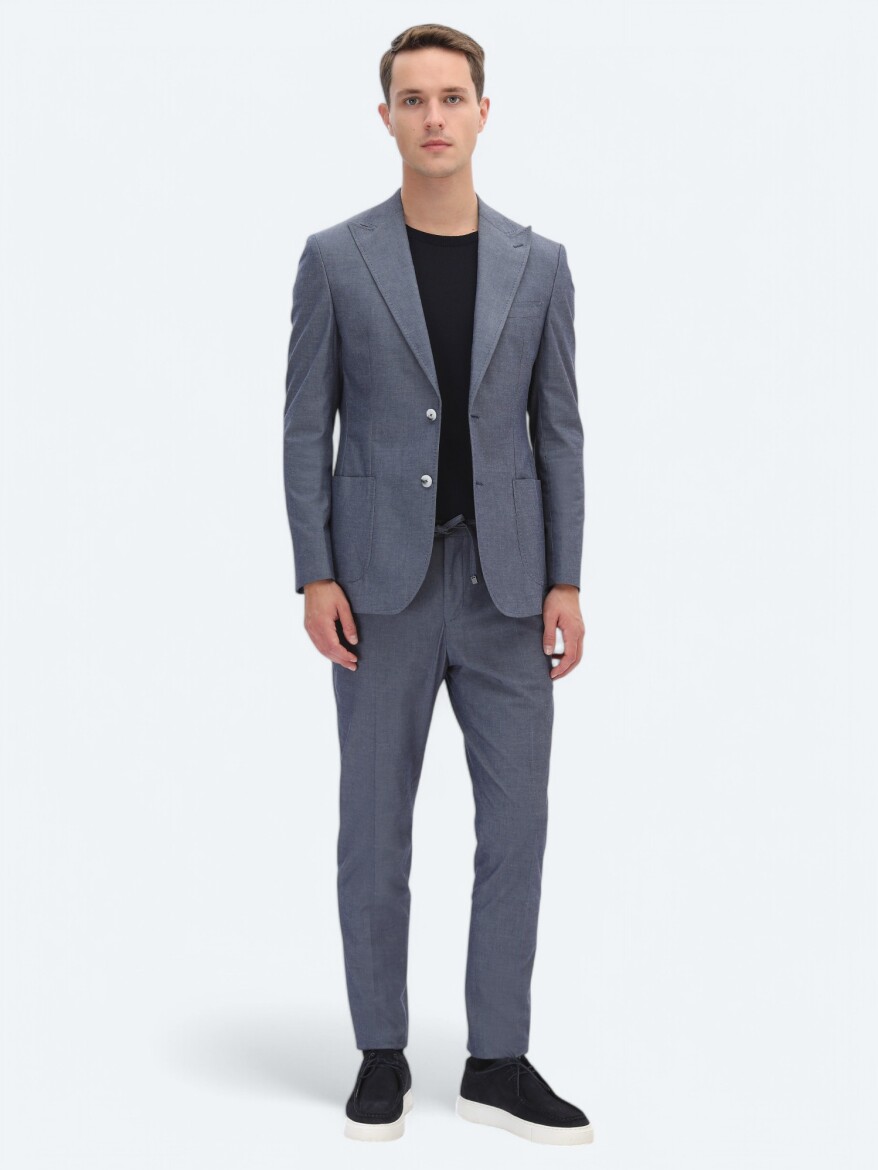 Indigo Plain Modern Fit Cotton Blended Suit - 1