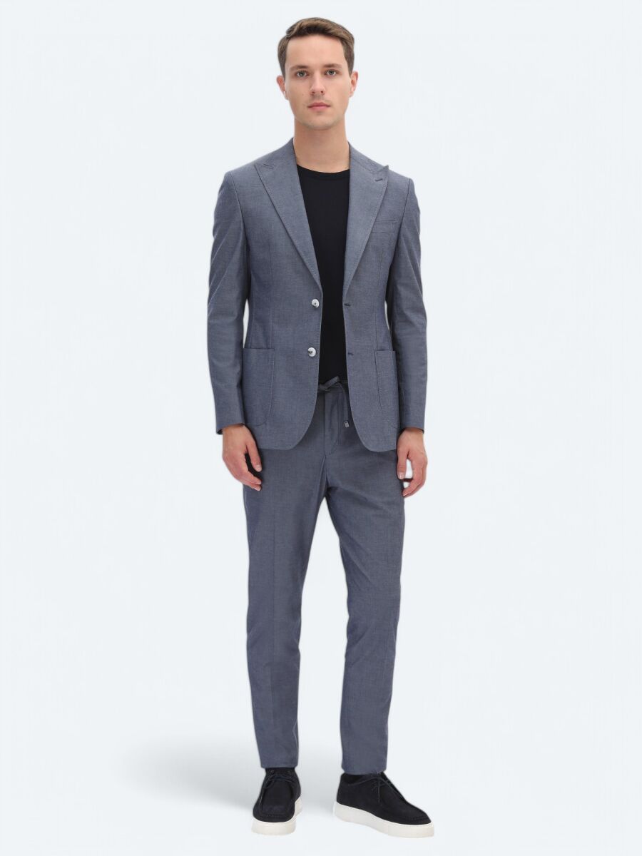 Indigo Plain Modern Fit Cotton Blended Suit - 1
