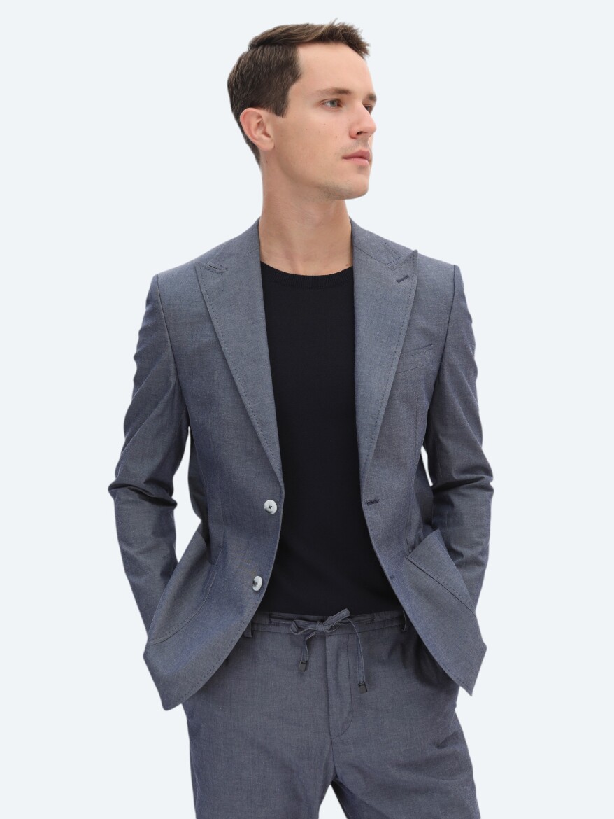 Indigo Plain Modern Fit Cotton Blended Suit - 3