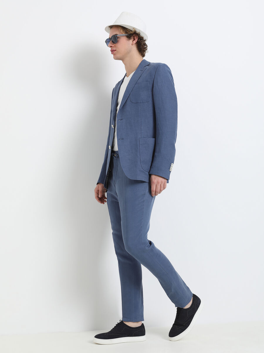 Indigo Plain Modern Fit Linen Blended Suit - 2