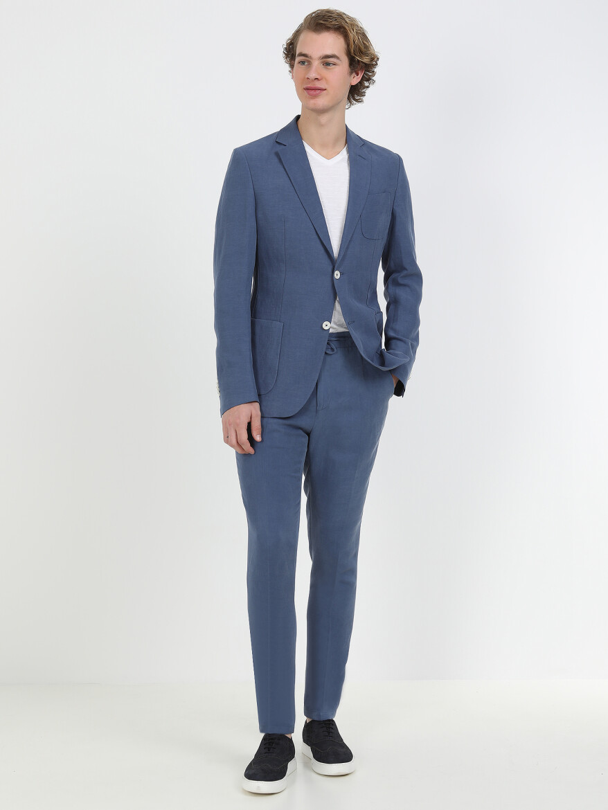Indigo Plain Modern Fit Linen Blended Suit - 3