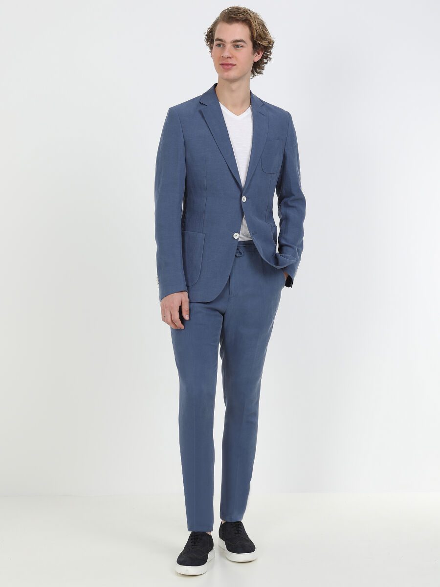 Indigo Plain Modern Fit Linen Blended Suit - 3