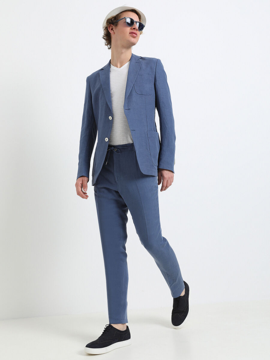 Indigo Plain Modern Fit Linen Blended Suit - 8