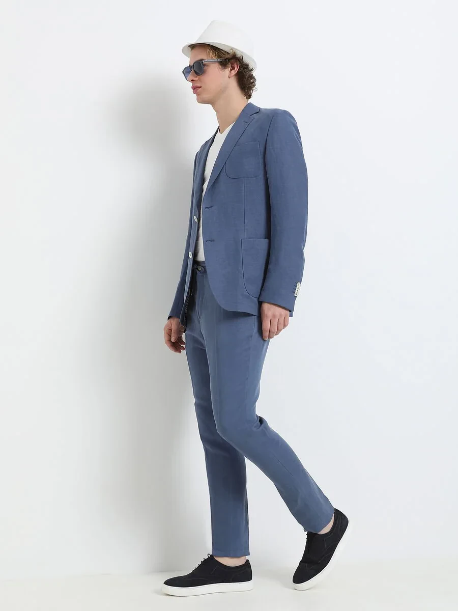 Indigo Plain Modern Fit Linen Blended Suit - 2