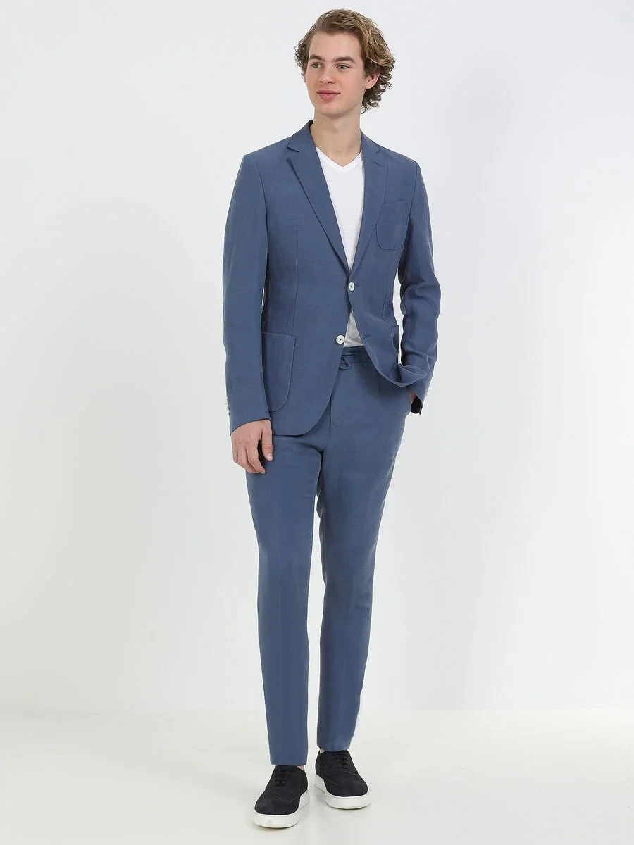 Indigo Plain Modern Fit Linen Blended Suit - 3