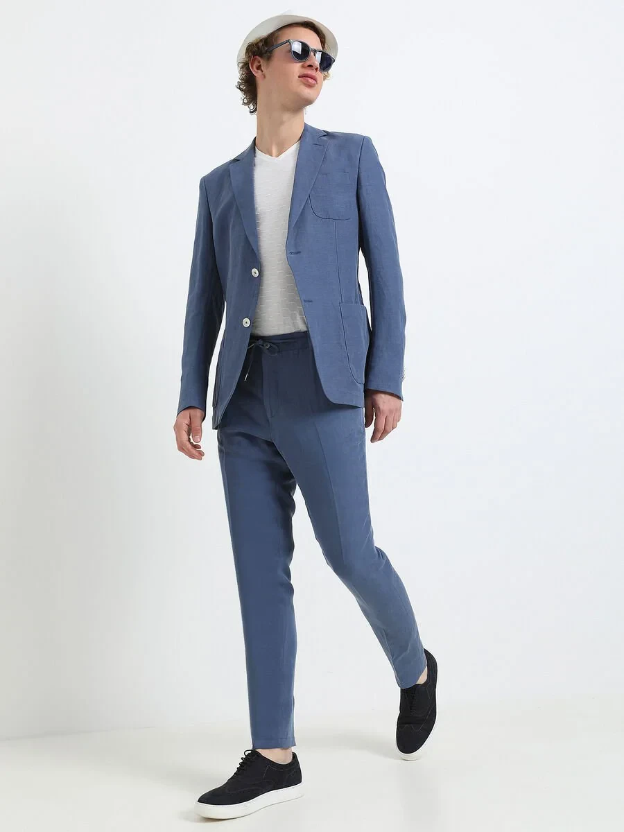 Indigo Plain Modern Fit Linen Blended Suit - 8