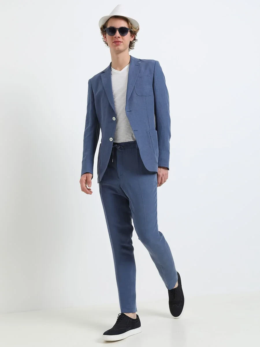 Indigo Plain Modern Fit Linen Blended Suit - 9