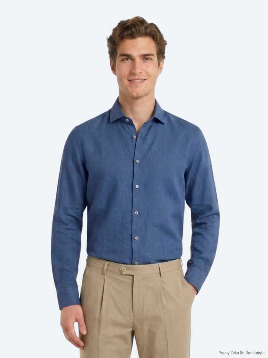 Indigo Plain Regular Fit Long Weaving Casual Cotton Blended Shirt - 1