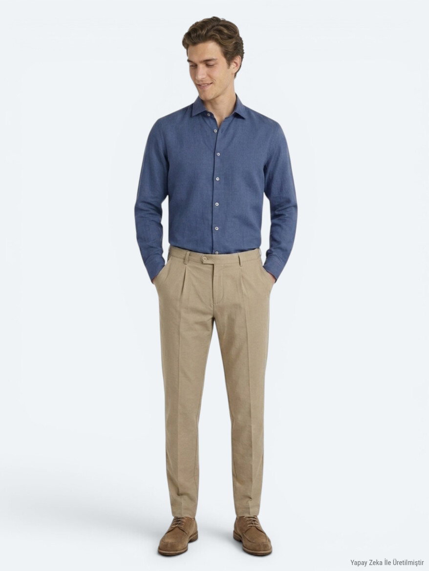 Indigo Plain Regular Fit Long Weaving Casual Cotton Blended Shirt - 2
