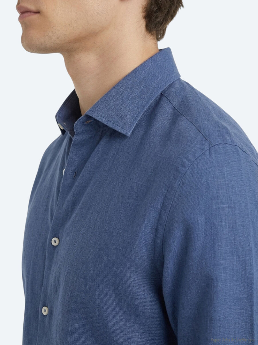 Indigo Plain Regular Fit Long Weaving Casual Cotton Blended Shirt - 3
