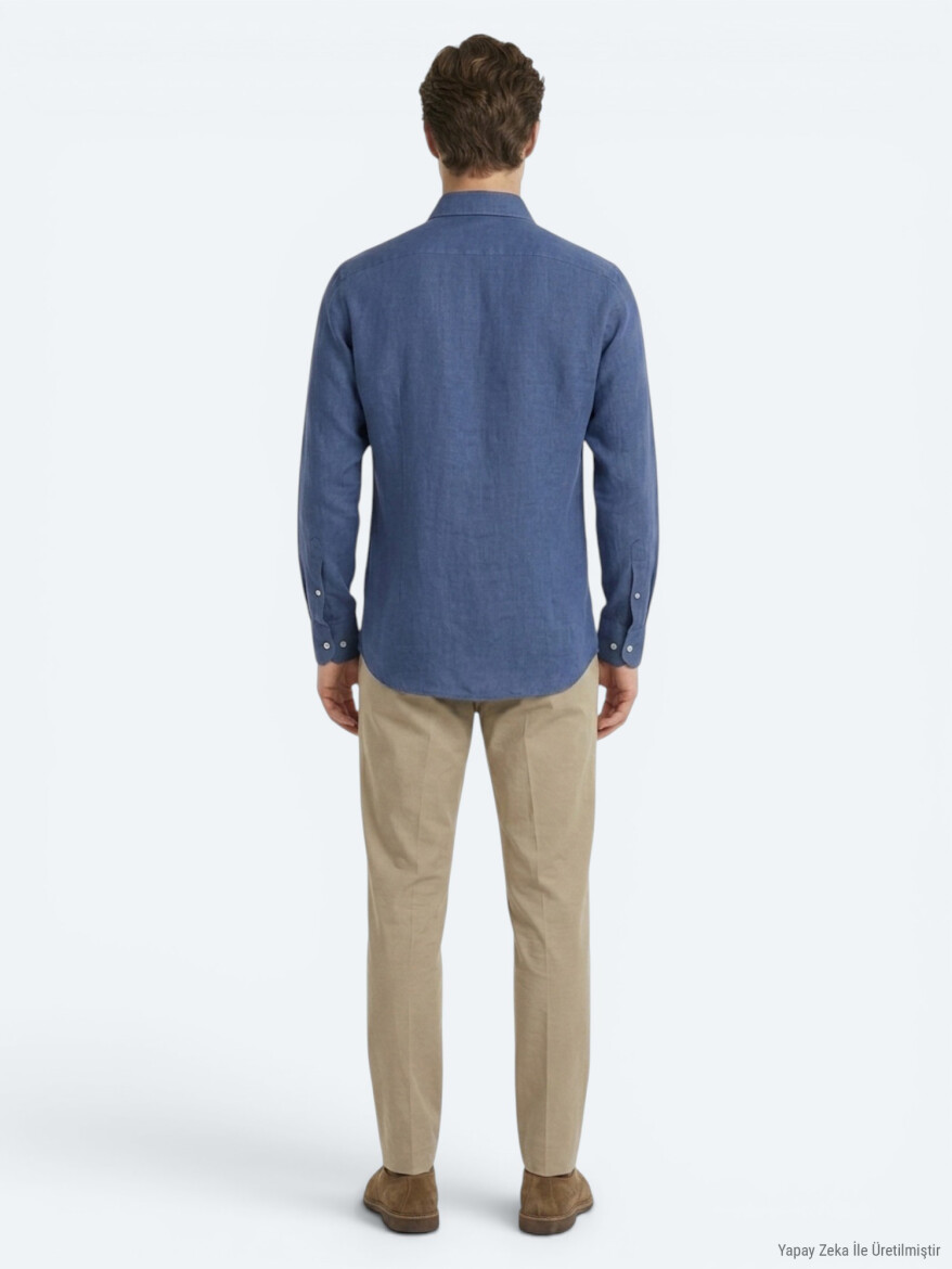 Indigo Plain Regular Fit Long Weaving Casual Cotton Blended Shirt - 5