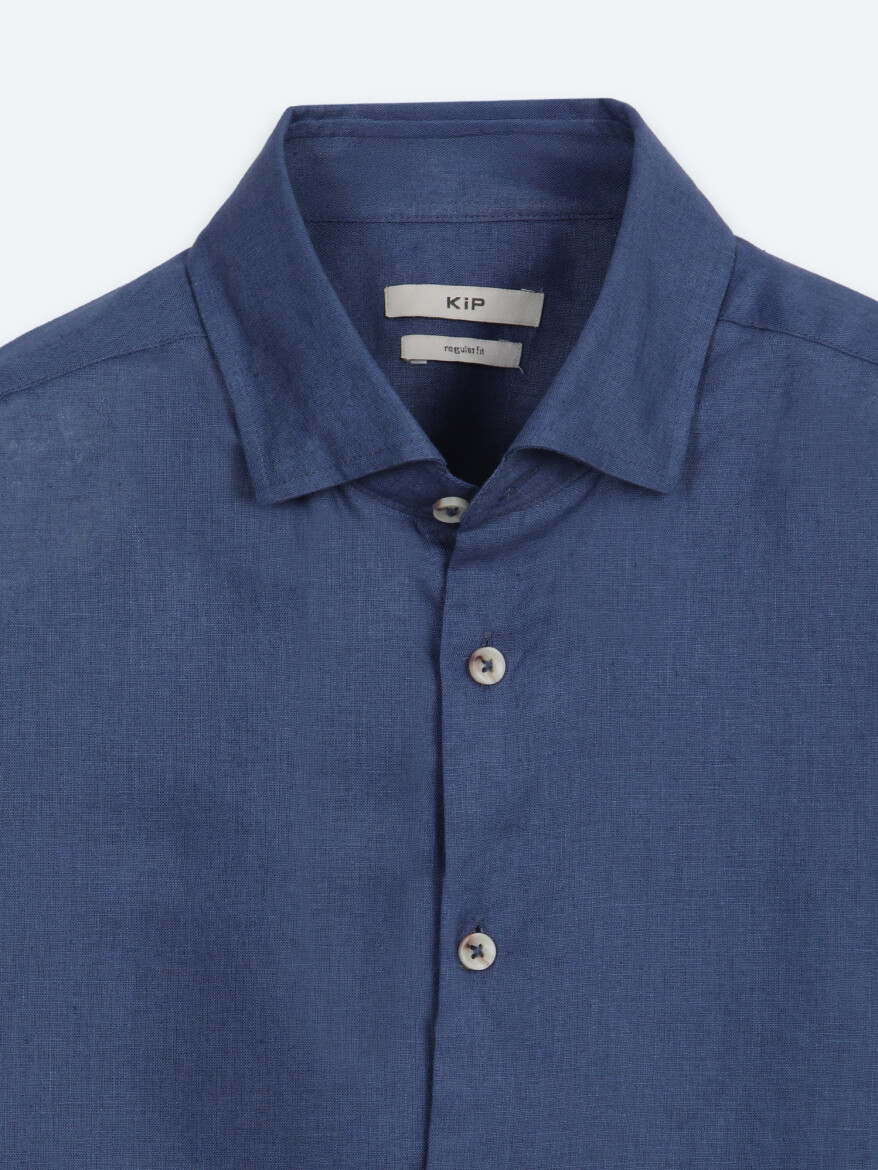 Indigo Plain Regular Fit Long Weaving Casual Cotton Blended Shirt - 7