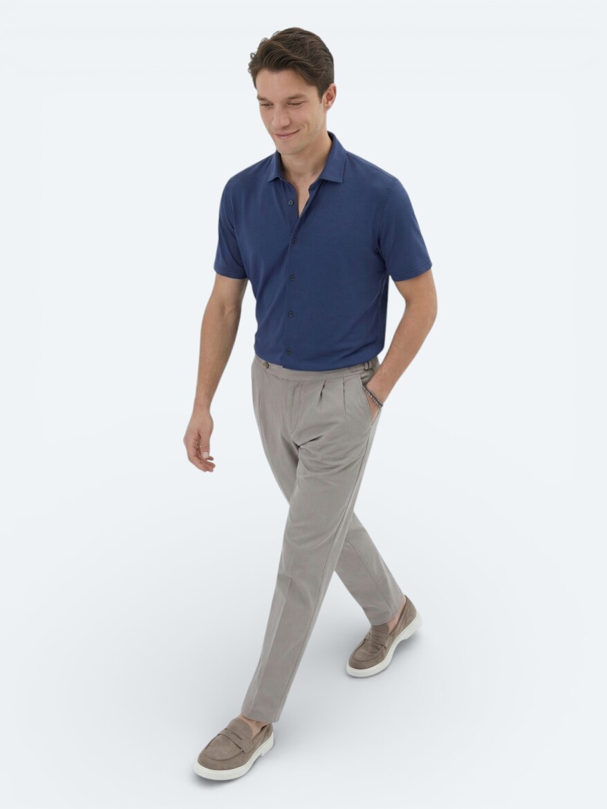 Indigo Plain Regular Fit Short Knitting Casual Shirt - 2