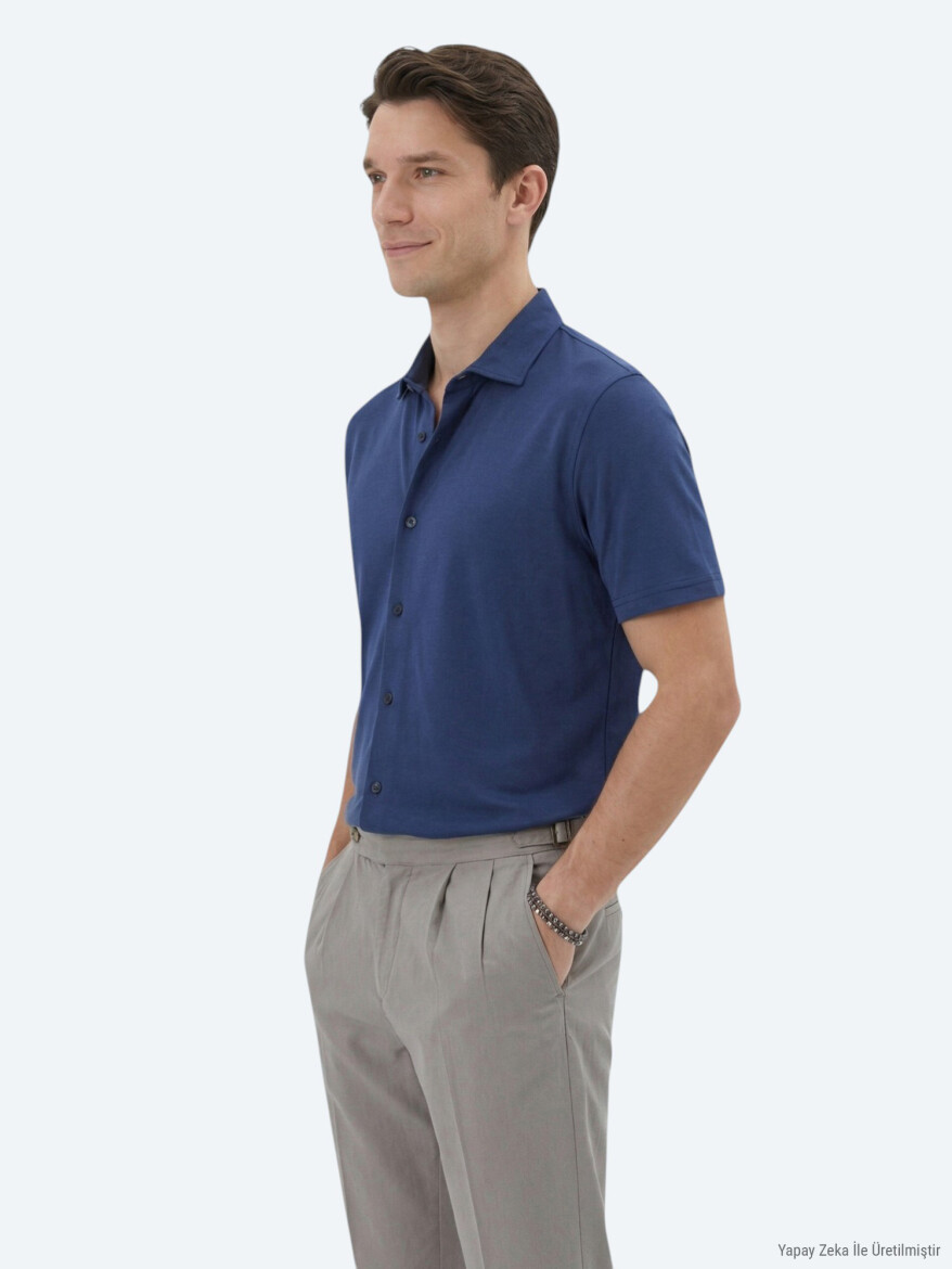 Indigo Plain Regular Fit Short Knitting Casual Shirt - KİP